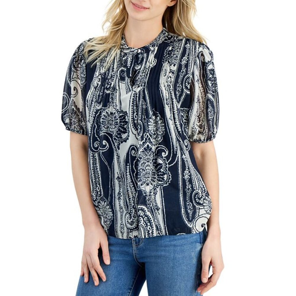 Nautica Blue and Cream Graphic 3/4 Sleeve Blouse